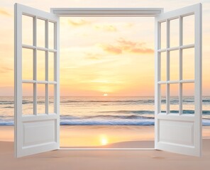 A seaside sunset from an open window offers a relaxed and timeless view