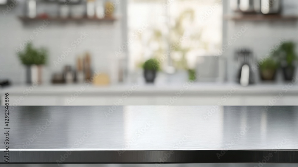Poster steel table top with blurred empty kitchen background can be used for mocking up or display product 