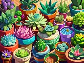 vector of  Succulent Collection: A Vibrant Display of Miniature Plants in Earthy Pots