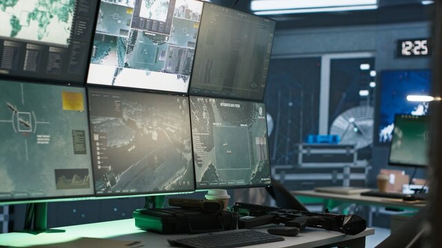 Close up of screens in empty control center housing operational missile defense system designed to intercept ballistic threats. Monitors in army headquarters used for tracking rockets with radar