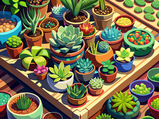 vector of  Succulent Collection: A Vibrant Display of Miniature Plants in Earthy Pots