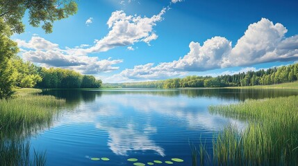 Fototapeta premium Tranquil lake scene with lush greenery, blue sky and fluffy clouds, digital art illustration, nature scenery, nature wallpaper