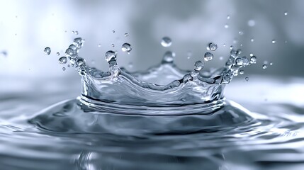 A close-up view of a water splash forming a crown shape, creating ripples in the water surface, highlighting the beauty of liquid dynamics.