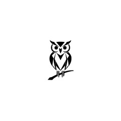 Minimalist owl vector illustration. Black silhouette of owl perched on a branch on white background.