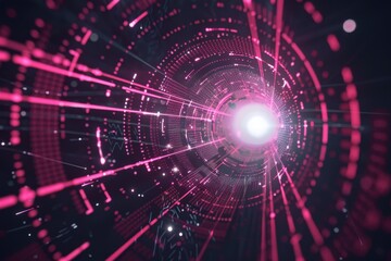 Obraz premium Futuristic data feed network, information streams converge, verifying automated contracts with a pink, circular aesthetic watermark.