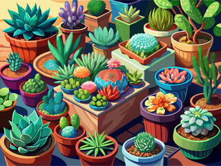 vector of  Succulent Collection: A Vibrant Display of Miniature Plants in Earthy Pots