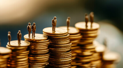 Salary difference concept, people stand on low and high golden coin stacks. Male and female characters of different class and income rate, society hierarchy structure Line art flat vector illustration