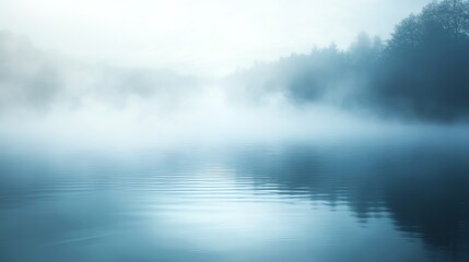 Fototapeta premium A serene, foggy landscape with still waters reflecting soft blue hues and silhouettes of trees, creating a tranquil atmosphere.