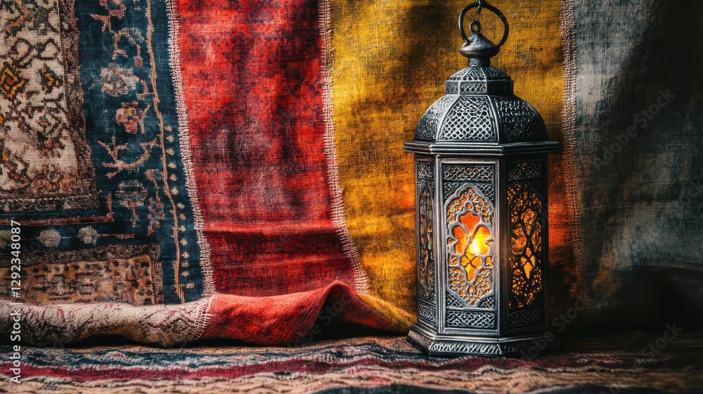 Aufkleber decorative lantern with ethnic patterns and textiles on a colorful background illuminating tradition