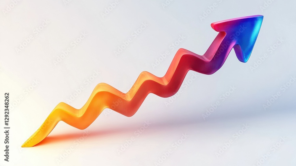 Poster a dynamic 3d arrow in gradient orange and blue colors representing upward growth on a white backgrou