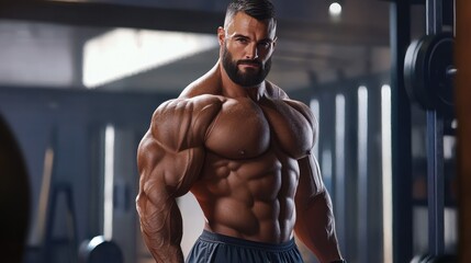 Fototapeta premium Handsome muscular man in gym posing. Generative AI