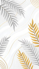 Fototapeta premium Elegant Gold and Silver Fern Leaves on Abstract White Textured Background