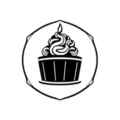 Delicious cupcake with elaborate frosting and candle, black and white within a geometric frame.