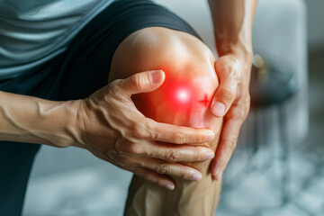 Knee and joint pain. Young runner holding his knee outdoors. Joint ache, injury, accident, chronic arthritis, painful disease and health concept.