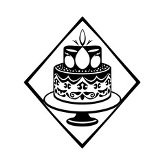 Minimalist illustration of a two-tiered cake, a candle, and a diamond shaped border.
