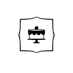 Black and White Cake Logo on White Background within a decorative frame.