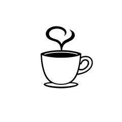 Black-and-white minimalist image of a coffee cup with steam rising in the shape of a heart against a pure white backdrop, creating a contrast.