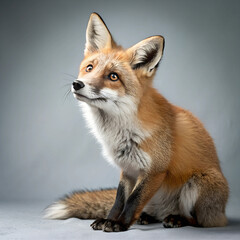 Fototapeta premium Curious Red Fox Sitting on Grey Background with Attentive Expression and Fluffy Fur in Studio Lighting