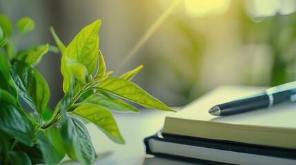 Healthy green plant on whitetable with small notebook andpen, symbolizing healthadvice and wellness tips, cleanand focused image with copyspace for text.