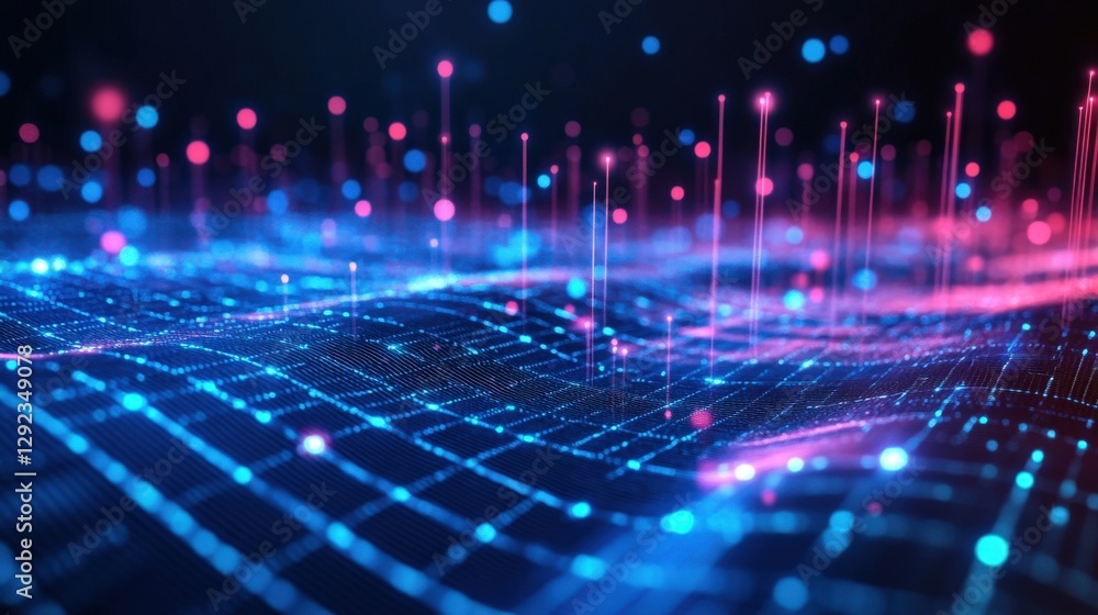 Poster abstract digital landscape with glowing lines and dots creating a vibrant network effect