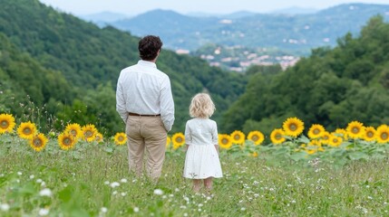 Fototapeta premium Father and daughter in a sunflower field, viewing a valley landscape. Perfect for family, travel, and inspirational content