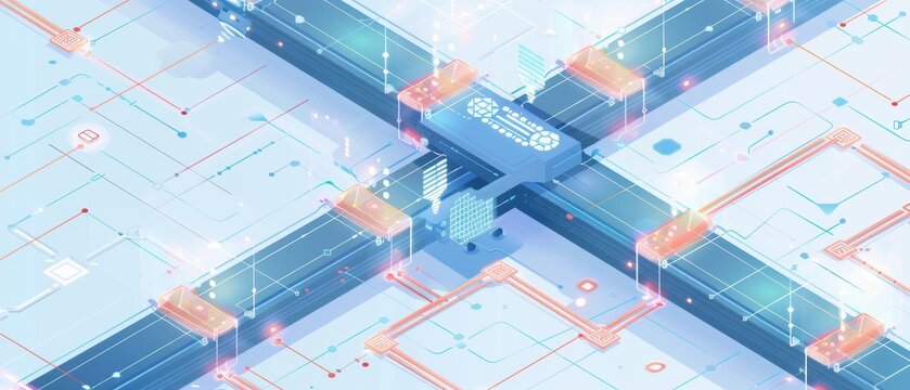 Isometric tech view of a multi-network bridge, parallel systems converge, secured data flows through glowing protocols, minimal interface.