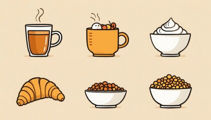 Obraz premium Breakfast Illustration with Croissant, Coffee and Cereal Bowls Arrangement