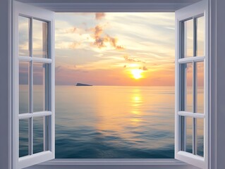 A seaside sunset from an open window offers a relaxed and timeless view