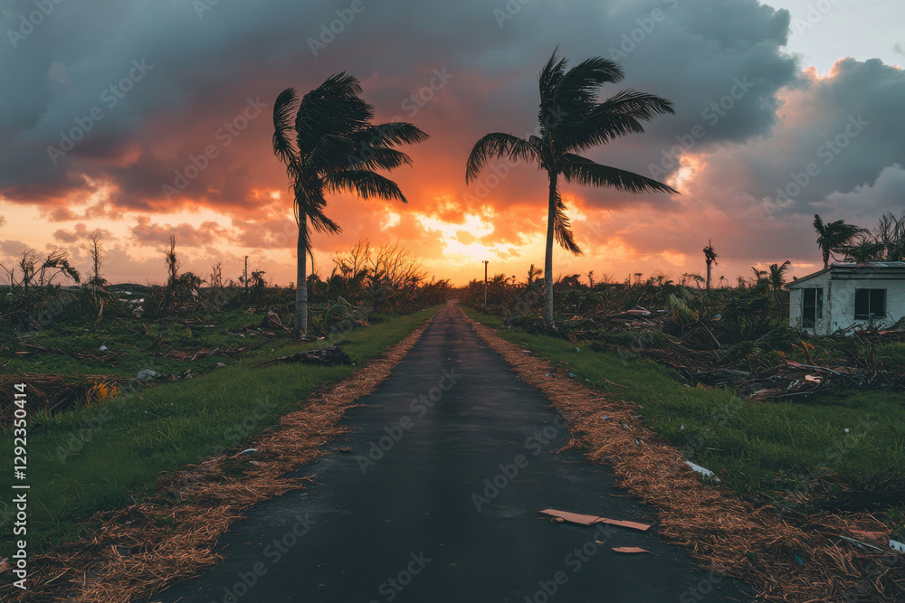 Poster a road with two palm trees on either side and a house in the background