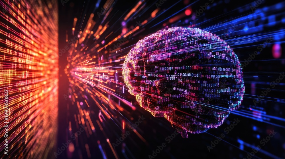 Poster abstract visualization of a human brain with binary code flowing into a futuristic supercomputer.