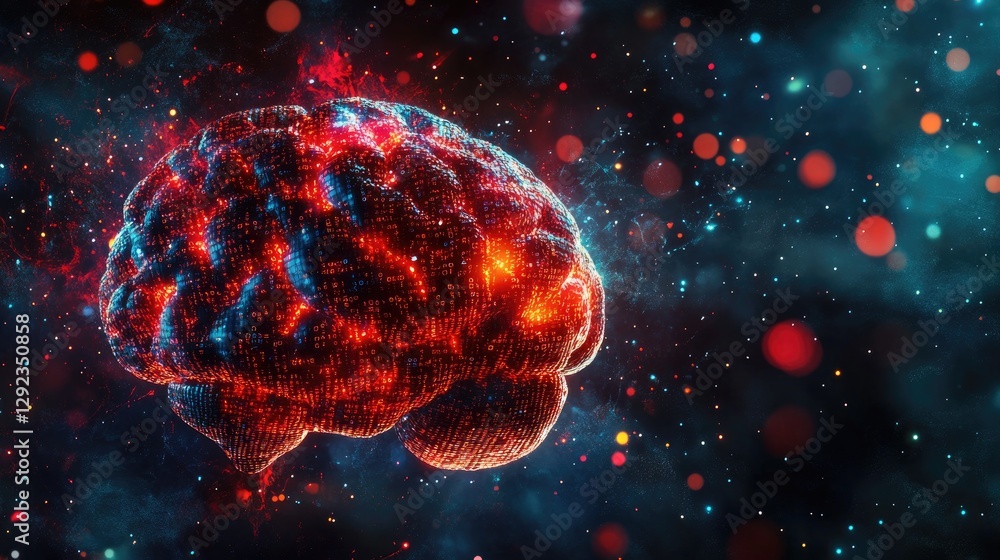 Poster abstract visualization of a human brain with binary code flowing into a futuristic supercomputer.