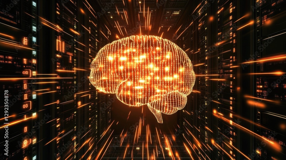 Poster abstract visualization of a human brain with binary code flowing into a futuristic supercomputer.