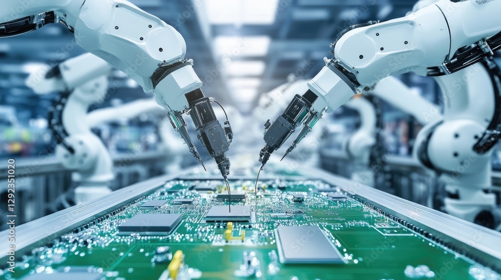 Poster advanced automation in action as multiple robotic arms construct intricate electronic circuits on a 