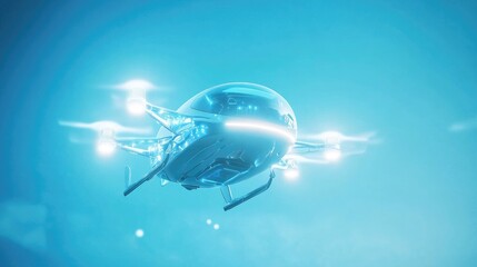 Advanced electric flying taxi with LED lights on a bright sky-blue background, showcasing efficient travel.