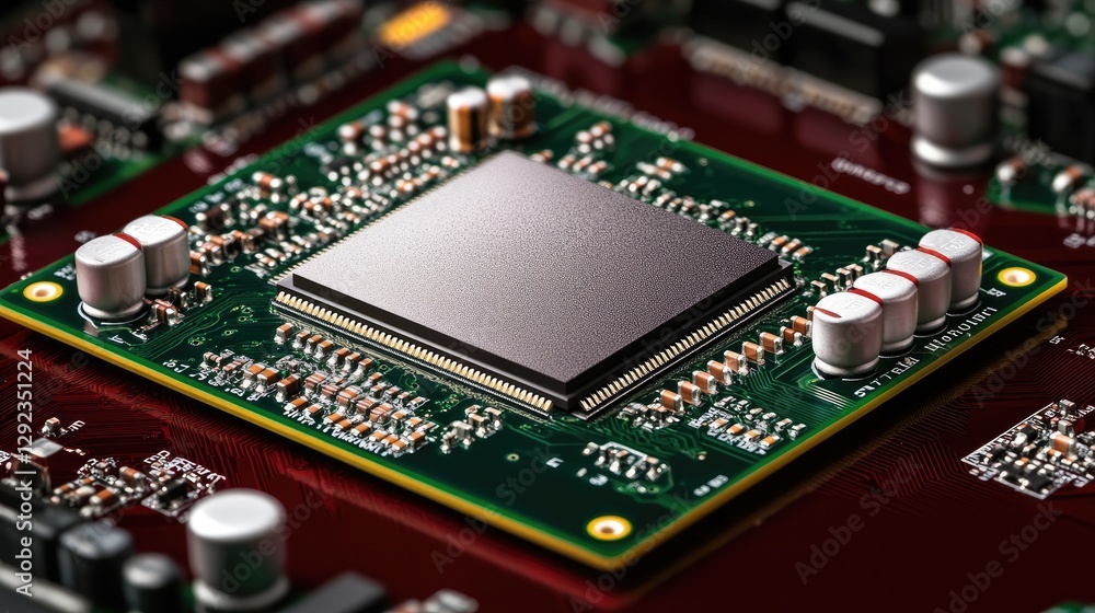 Aufkleber advanced quantum computing motherboard floating on a dark maroon background, highlighting future ai.