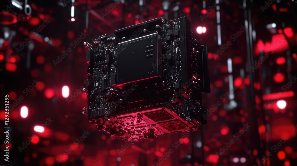 Aufkleber advanced quantum computing motherboard floating on a dark maroon background, highlighting future ai.