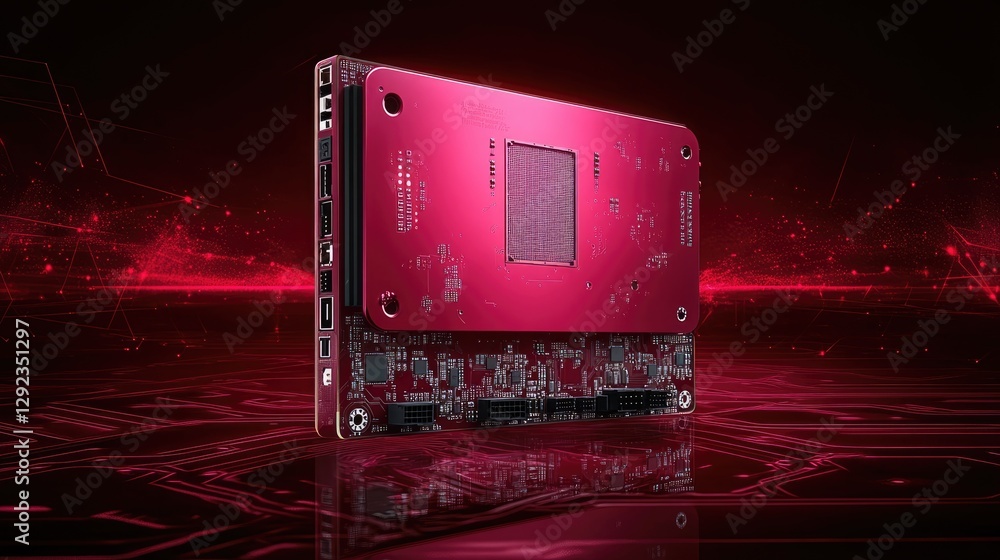 Poster advanced quantum computing motherboard floating on a dark maroon background, highlighting future ai.