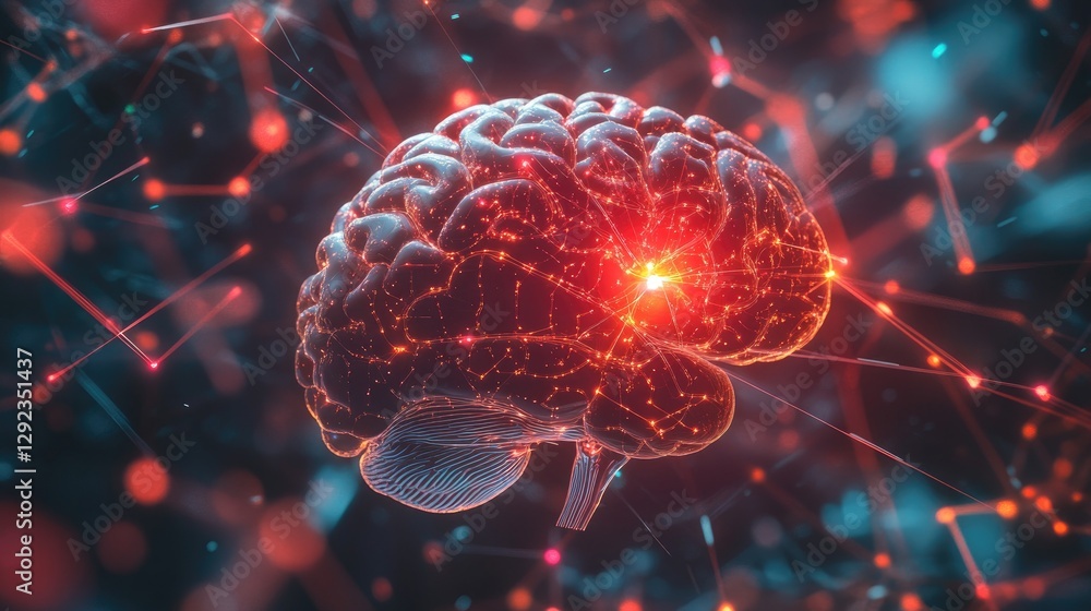 Poster ai-brain connection concept with holographic neural pathways transmitting data into a digital interf