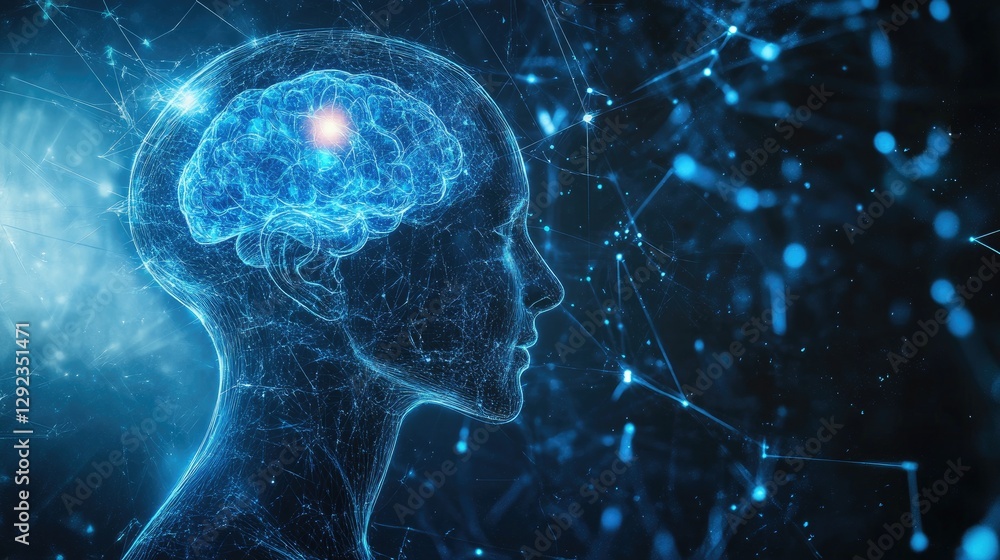 Poster ai-brain connection concept with holographic neural pathways transmitting data into a digital interf