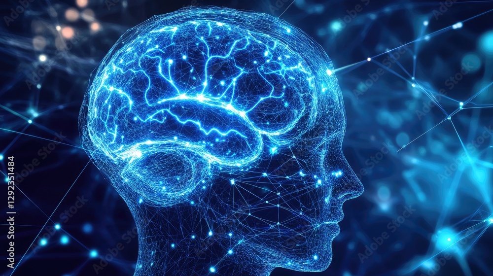 Poster ai-brain connection concept with holographic neural pathways transmitting data into a digital interf