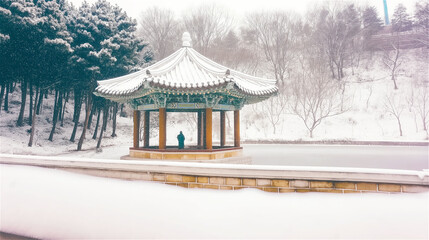 Fototapeta premium A traditional winter scene of a pagoda in the snow, surrounded by trees. The peaceful setting captures the essence of cold, snowy weather and traditional architecture.