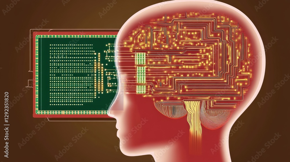 Poster ai-powered human brain with cybernetic enhancements transmitting signals into a computer core.