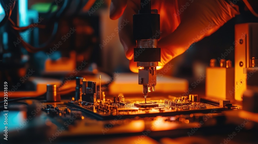 Poster ai-powered robotic arms installing miniature components onto circuit boards with flawless precision.