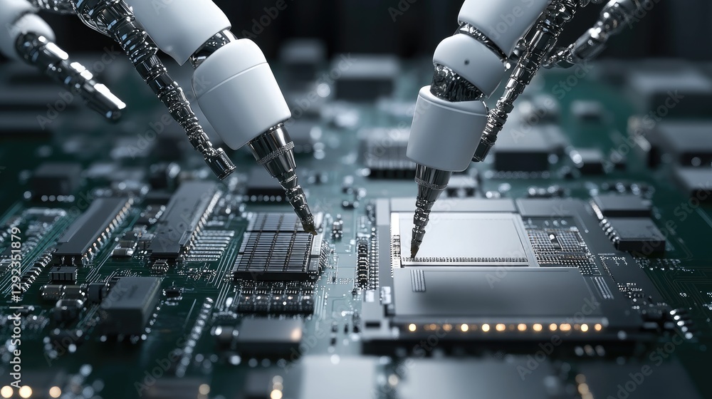 Poster ai-powered robotic arms installing miniature components onto circuit boards with flawless precision.