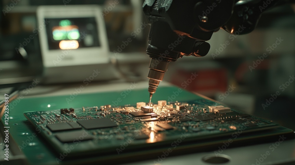 Poster ai-powered robotic arms installing miniature components onto circuit boards with flawless precision.