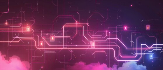 Serverless architecture glowing functions connect through pink pathways minimal geometric style text abstract tech network cloud functions