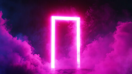 Mystical neon portal amidst dark smoke for futuristic design concepts