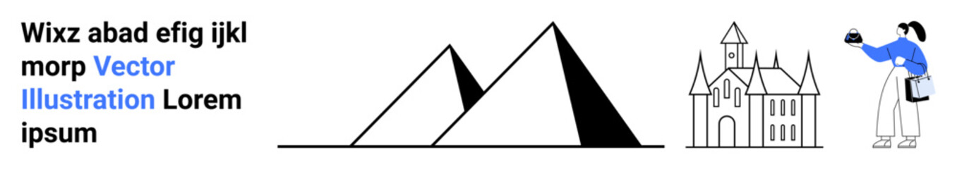 Traveler photographing landmarks, pyramids, and a castle. Ideal for tourism, travel blogs, education, adventure, architecture, heritage and flat landing page banner