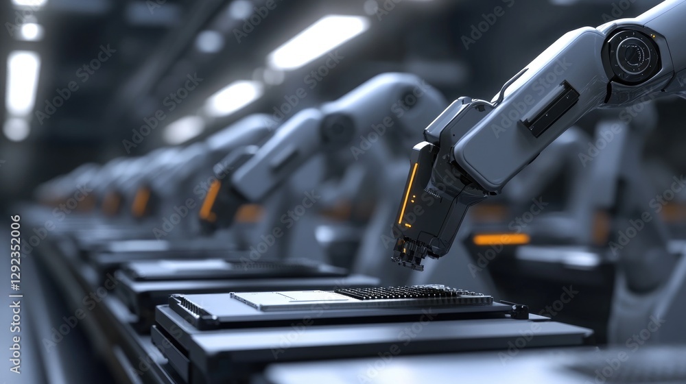 Poster an array of intelligent robotic arms assembling electronic components in a futuristic production fac