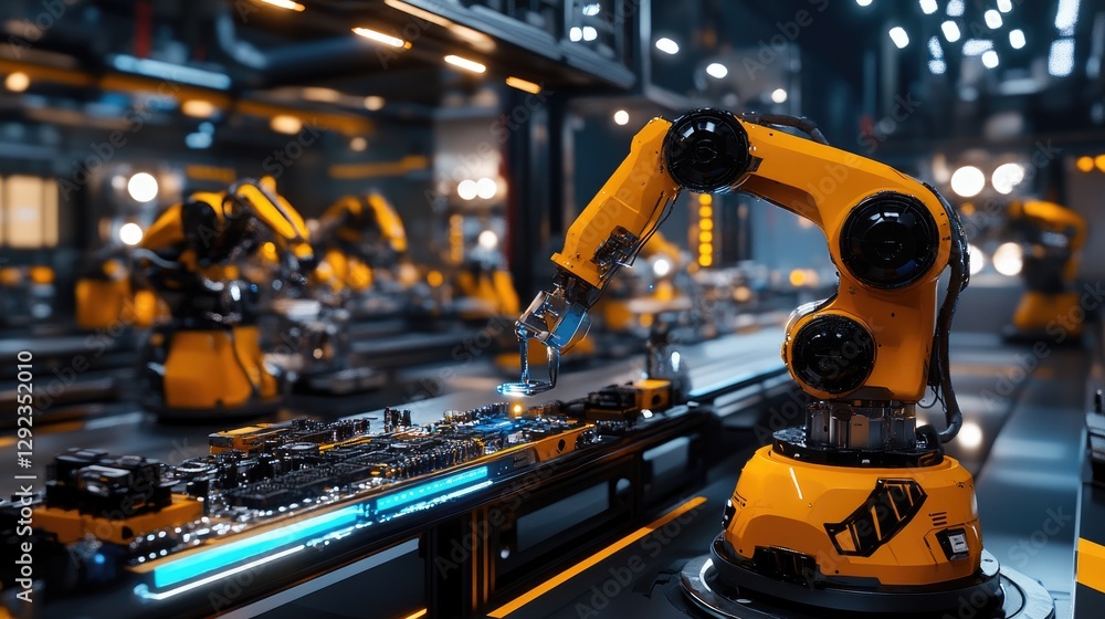 Poster an array of intelligent robotic arms assembling electronic components in a futuristic production fac